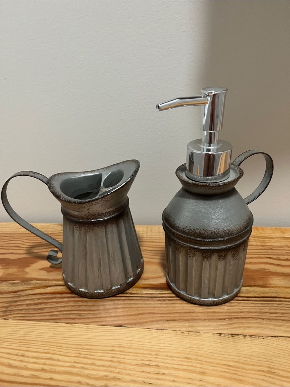 Farmhouse Rustic Gray Metal Soap Dispenser and Toothbrush Holder Set